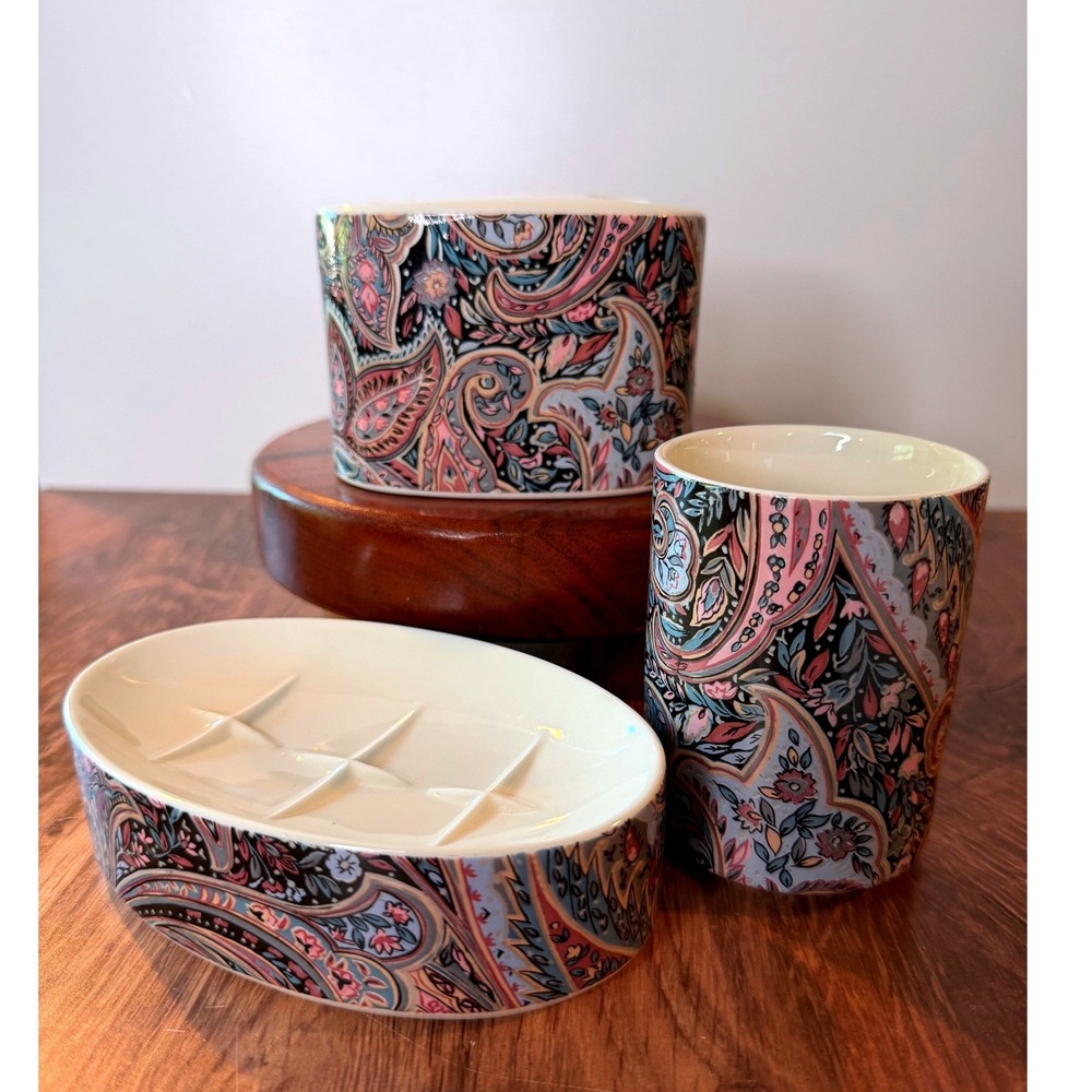 Vintage 1970s Made in Japan Paisley Ceramic Bathroom Vanity Set